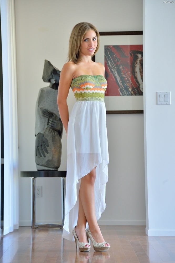 Skinny flat chested girl in long dress spreads for nude pussy upskirt
