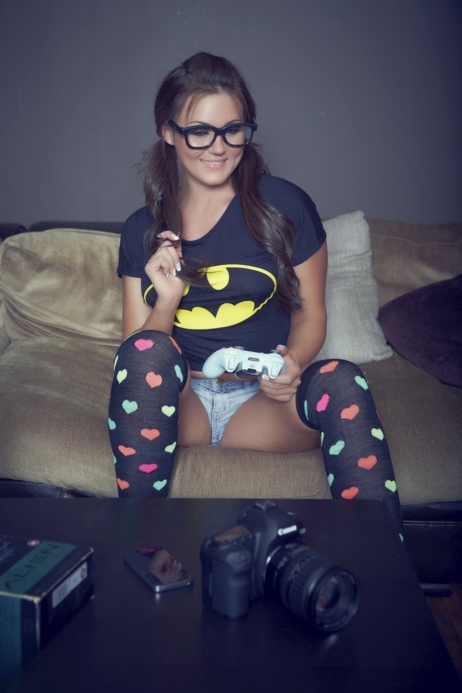Gamer girl Kat Dee strips to over the knee socks with her glasses on