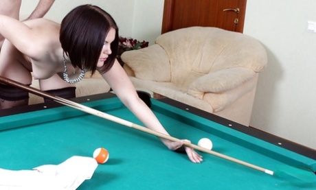 Hot groupsex on the pool table with sexy brunette named Romana