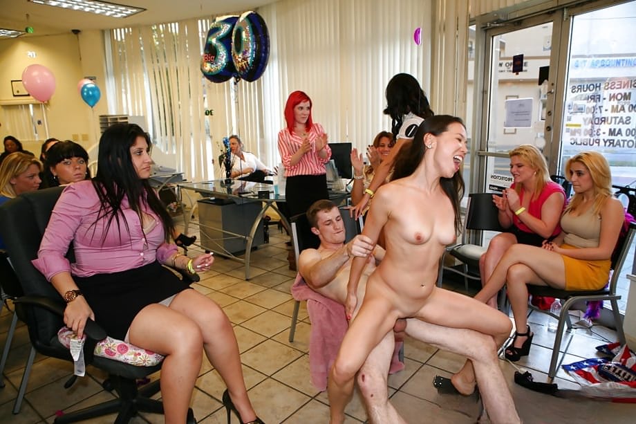 Asian babe gets deep pussy banged at the office orgy party