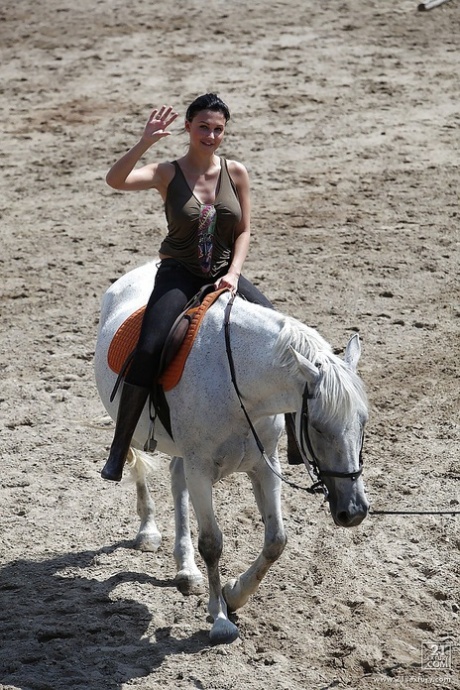 Pornstar Aletta Ocean is riding a horse outdoor in glasses