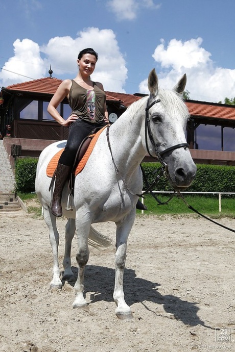 Pornstar Aletta Ocean is riding a horse outdoor in glasses