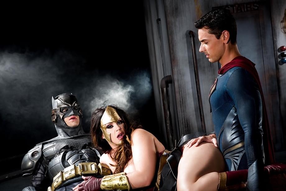 Buxom pornstar Alison Tyler giving Batman and Superman blowjobs