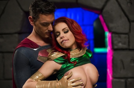 Chesty cosplay redhead Britney Amber taking a cumshot on her tongue