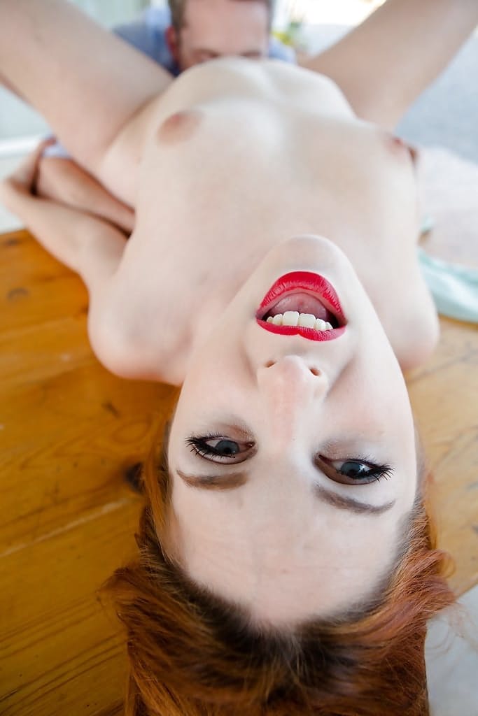 Redheaded Euro first timer wrapping painted red lips around long cock