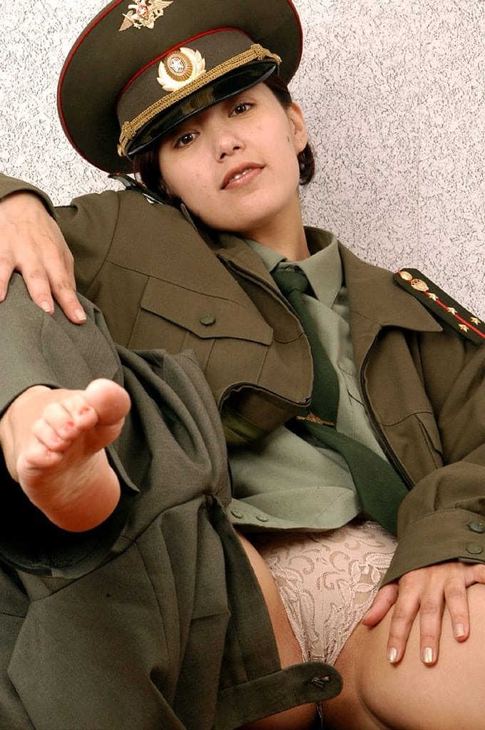 Korean amateur Elena stripping off military uniform to pose nude