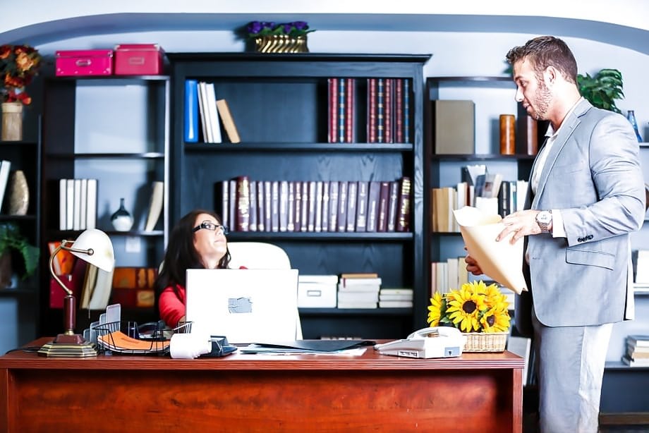 Brunette secretary Eva Lovia taking cumshot on glasses after sex in office