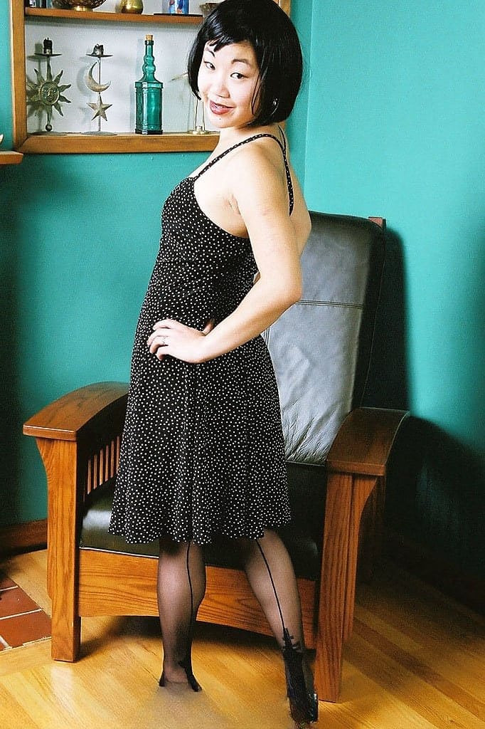Amateur Korean model Junko posing topless in black pantyhose
