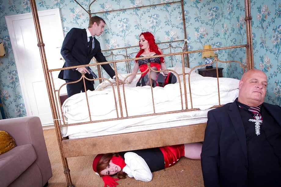 Redhead bellhop Ella Hughes joing Jasmine James for threesome in hotel room