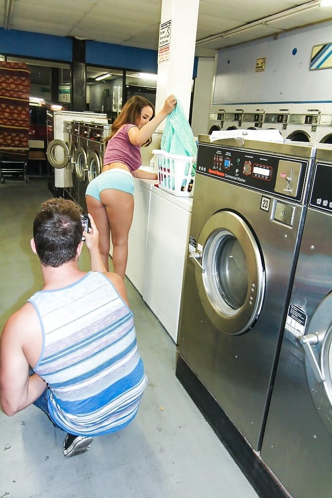 Tiny female Dillion Harper taking a sporting creampie after sex in laundromat