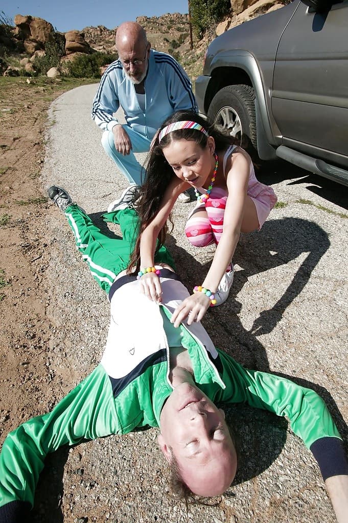 Asian teen babe Amai Liu fucking an old man outdoor in public