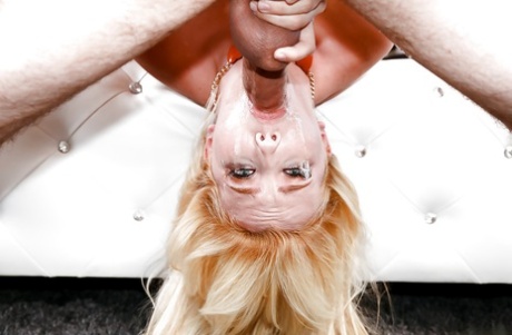 Blonde girl Samantha Rone gagging on cock during messy throat fuck