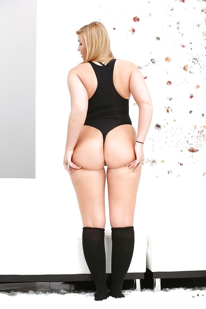 Chubby blonde teen Melissa May showing off sexy ass in black knee socks