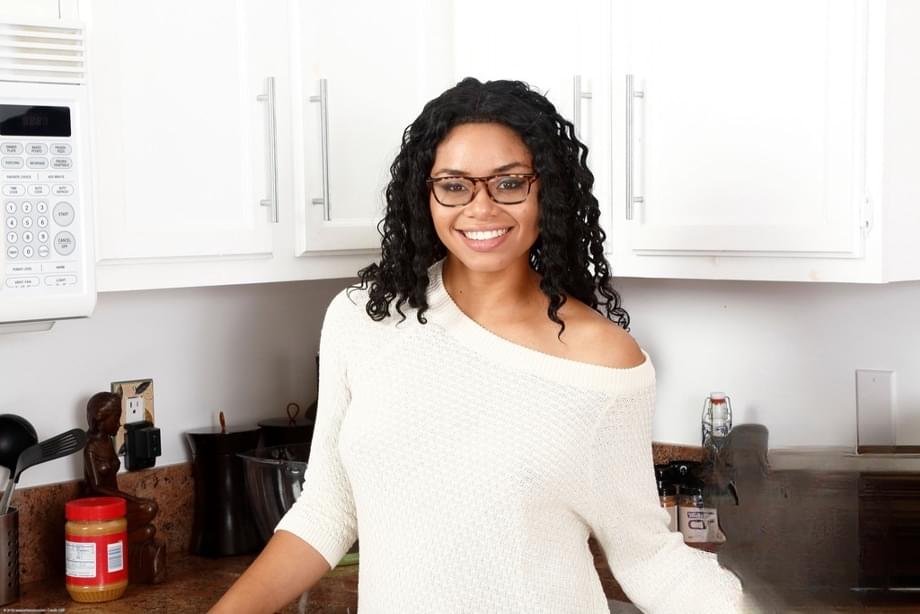 Mixed race amateur Millie Stone strips for nudes in her kitchen