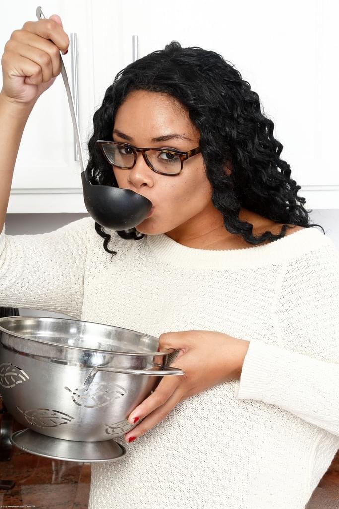 Mixed race amateur Millie Stone strips for nudes in her kitchen