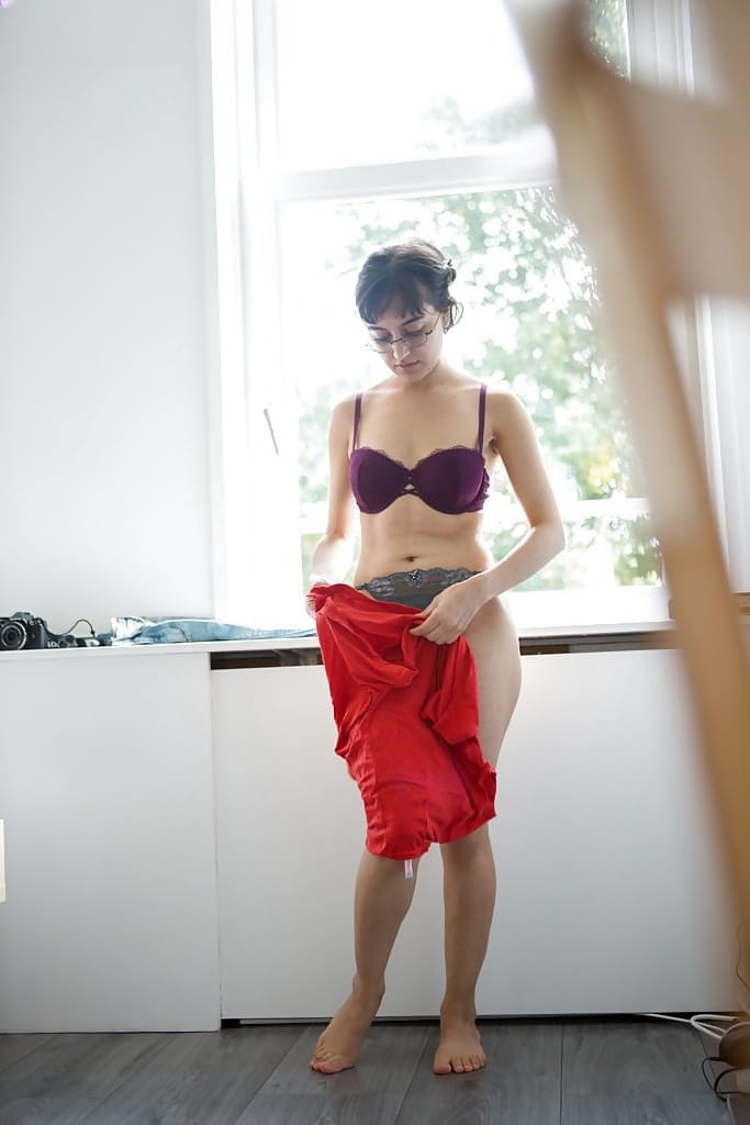 Skinny nerd Yasmeena pulling panties and jeans on while getting dressed