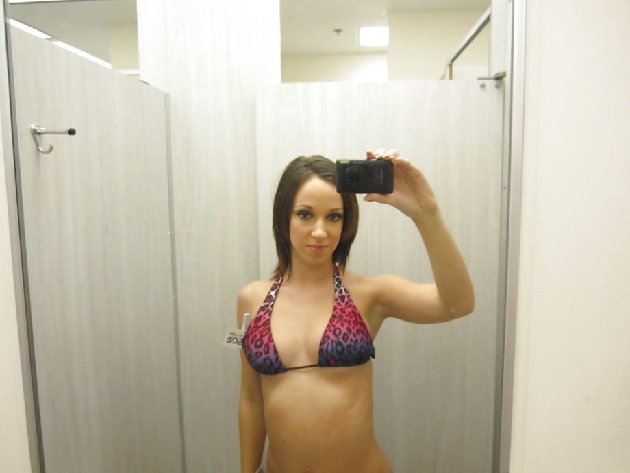 Bad girl Jada Stevens taking selfies in mirror as she peels off her bikini