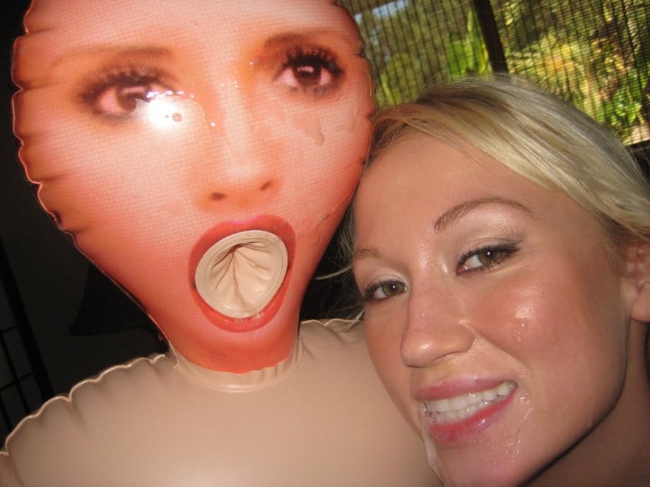 Naked blonde chick and her female sex doll do a POV threesome