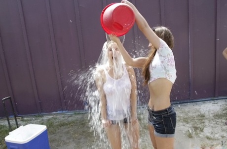 White trailer trash chicks Lucy Tyler and Rose Black get wet for reality show