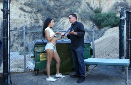 Latina teenager Maya Bijou seduces an older man in jeans shorts