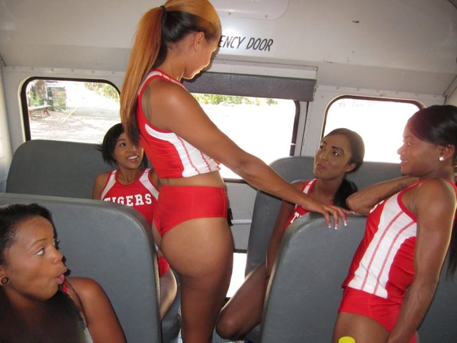Sexy black girls have group lesbian sex on the team bus