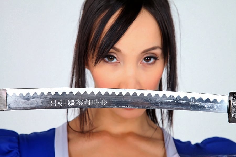 Asian solo model releases her big tits from her cosplay costume