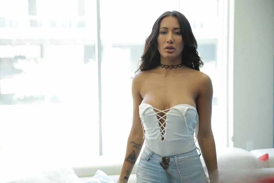 Brunette solo model Amia Miley removes ripped jeans for nude posing