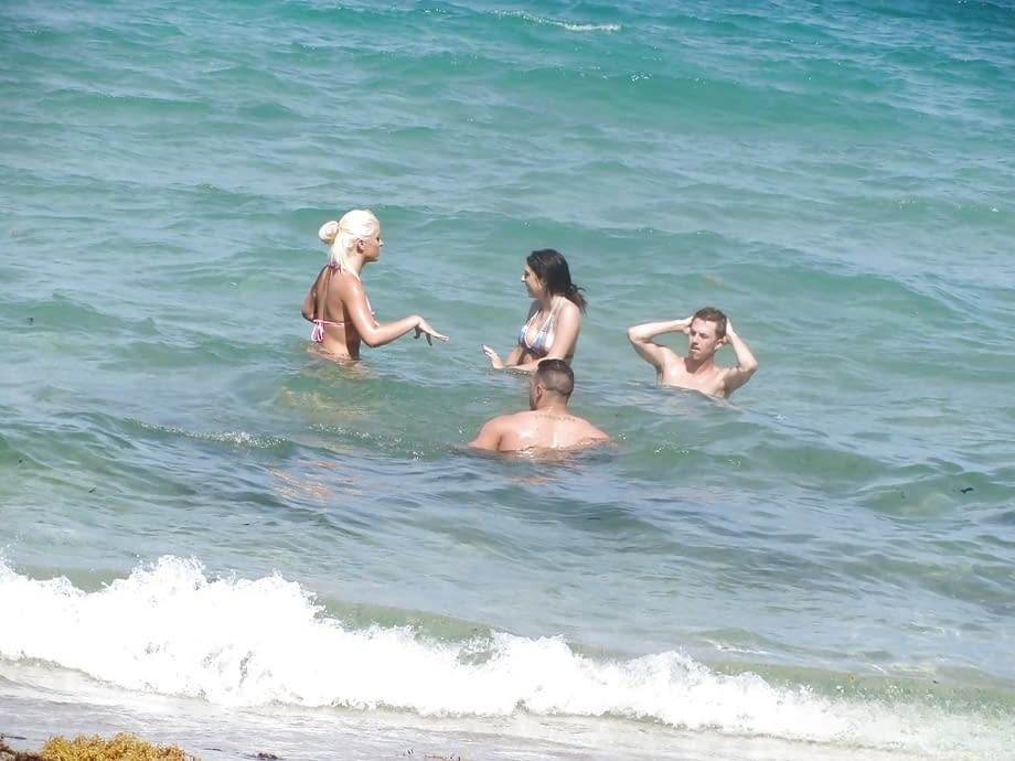 Teens Jazlyn, Shay and Savannah in bikini kissing at a party outdoor