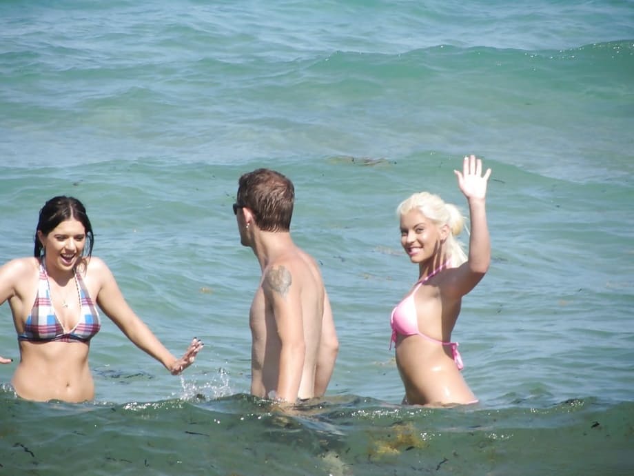 Teens Jazlyn, Shay and Savannah in bikini kissing at a party outdoor