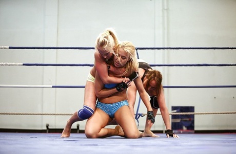 Wild women wrestling ends up with passionate lesbian threesome sex