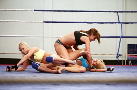 Wild women wrestling ends up with passionate lesbian threesome sex