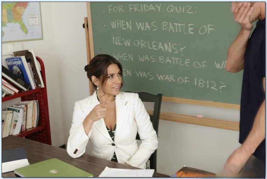 Adorable latina teacher with big tits gives a blowjob and gets fucked