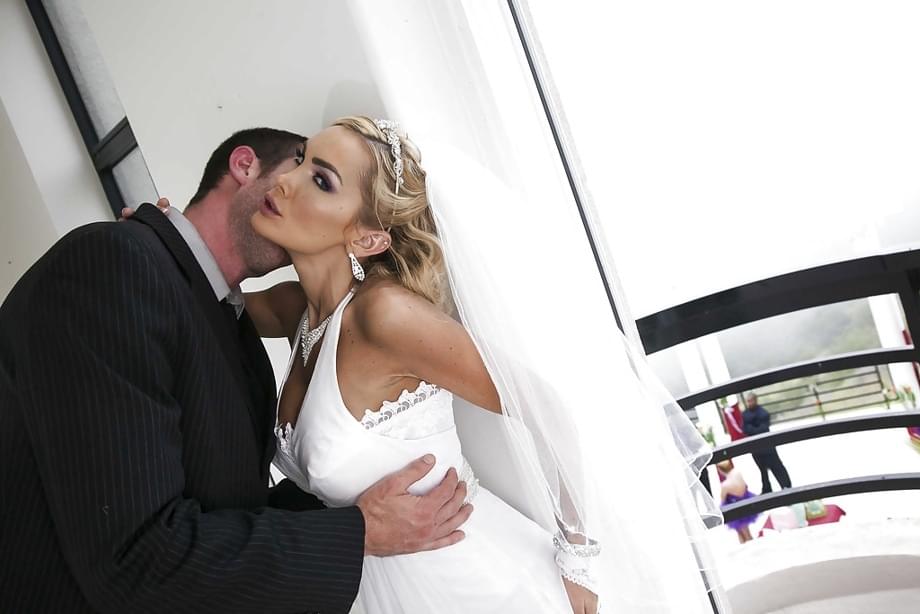 Curvaceous blonde bride gives a blowjob and gets shagged hardcore
