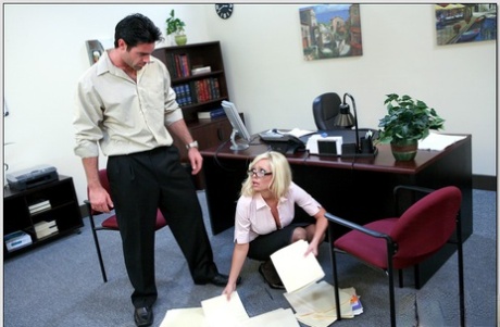 Busty office secretary Angelina Ashe stripped to stockings and fucked