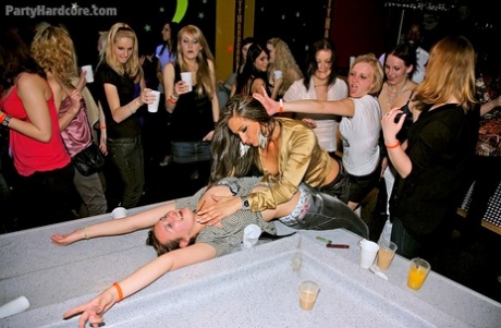 Slutty amateur gals showcasing their blowjob skills at a crazy party