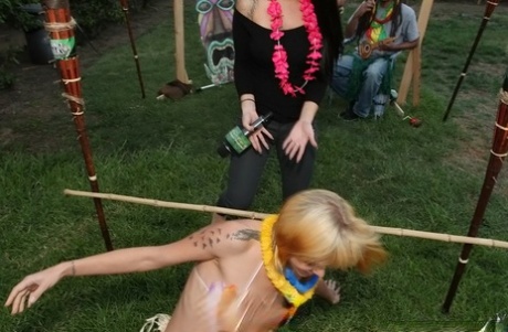 Busty Addison Grey gets involved in sexy limbo competition outdoor