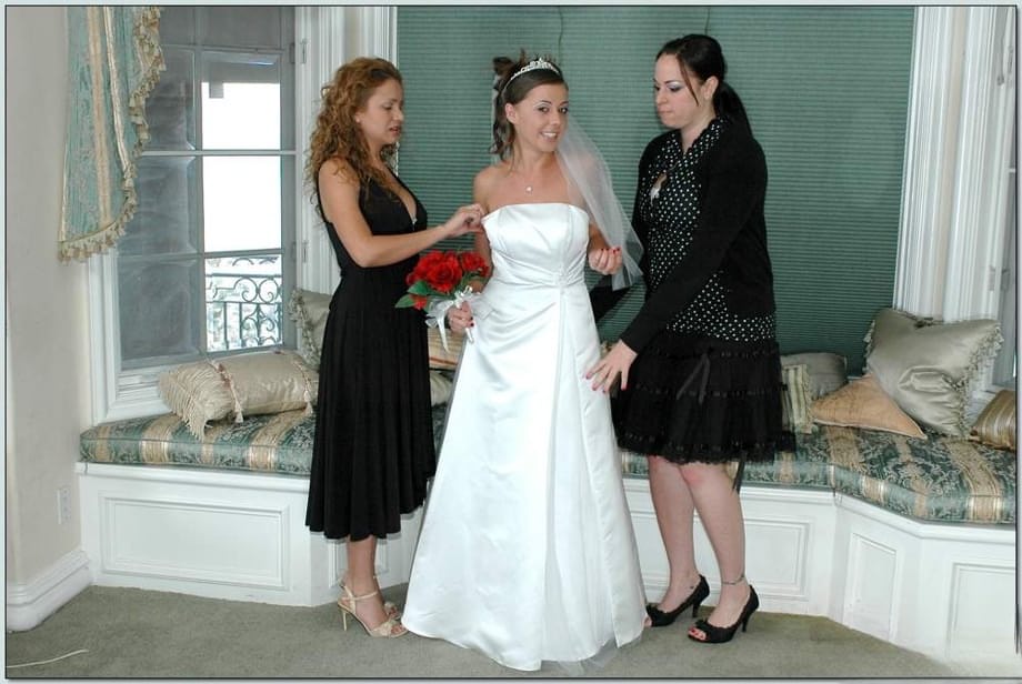Busty blonde Nikki Benz helping Penny Flame to try on wedding dress