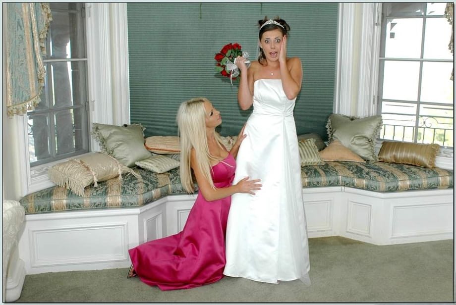 Busty blonde Nikki Benz helping Penny Flame to try on wedding dress