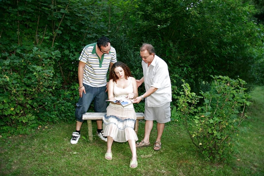 Curly-haired pregnant slut gets banged by four horny lads outdoor