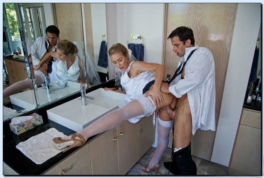 Promiscuous bride Nicole Aniston gets fucked and facialized in the bathroom