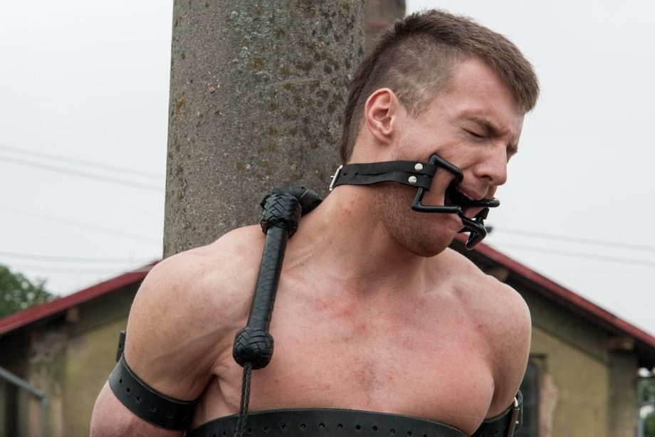 Blonde domme Lorelei Lee whips her helpless slave tied to a pole outdoors