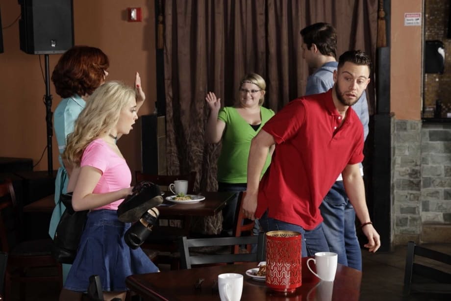 Big boobed waitress joins teen Jane Wilde & her boyfriend in a threesome