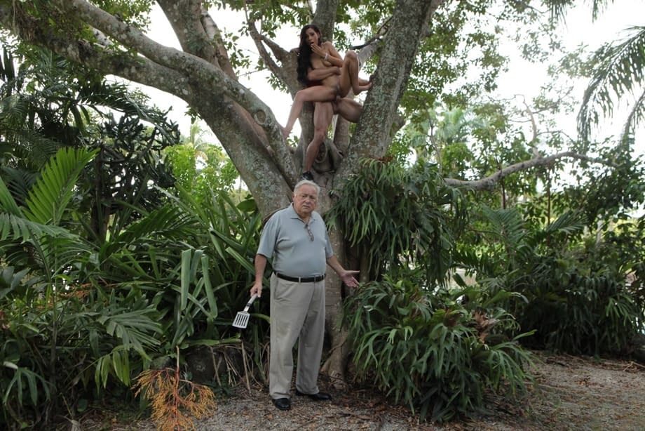 Hot brunette Jaye Summers gets caught fucking an old man in the backyard