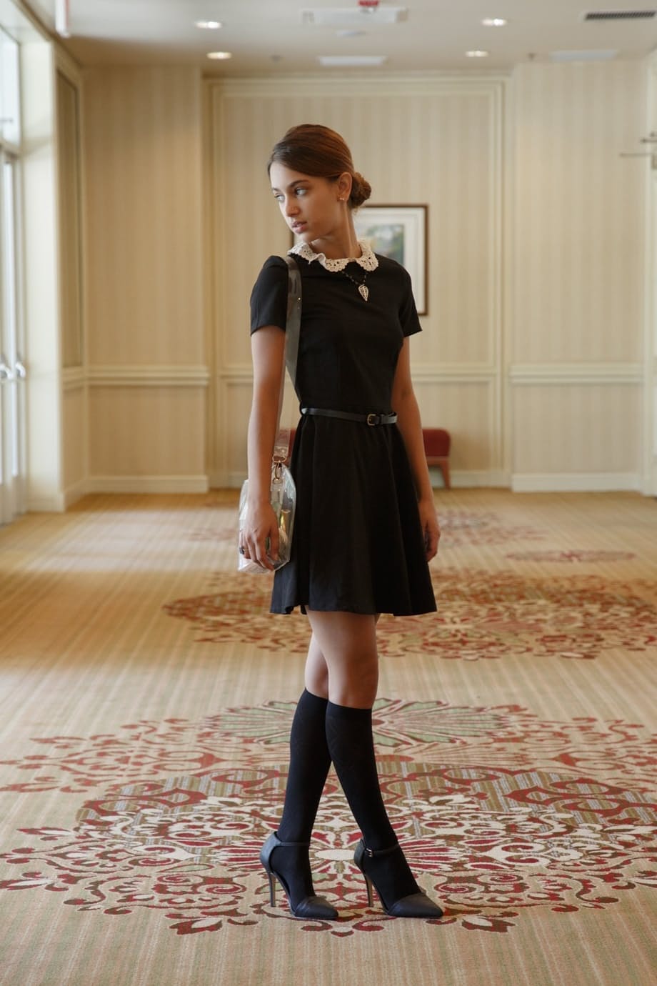 Slender teen Uma Jolie flashing her panties & pussy at the museum
