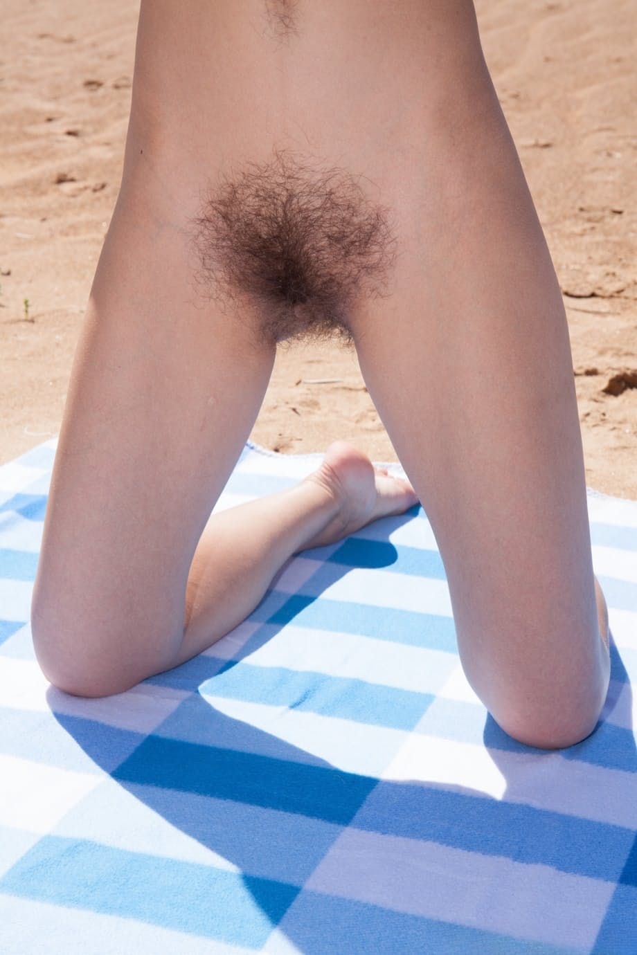 Hairy brunette with meaty lips Cleo Dream undresses & masturbates at the beach