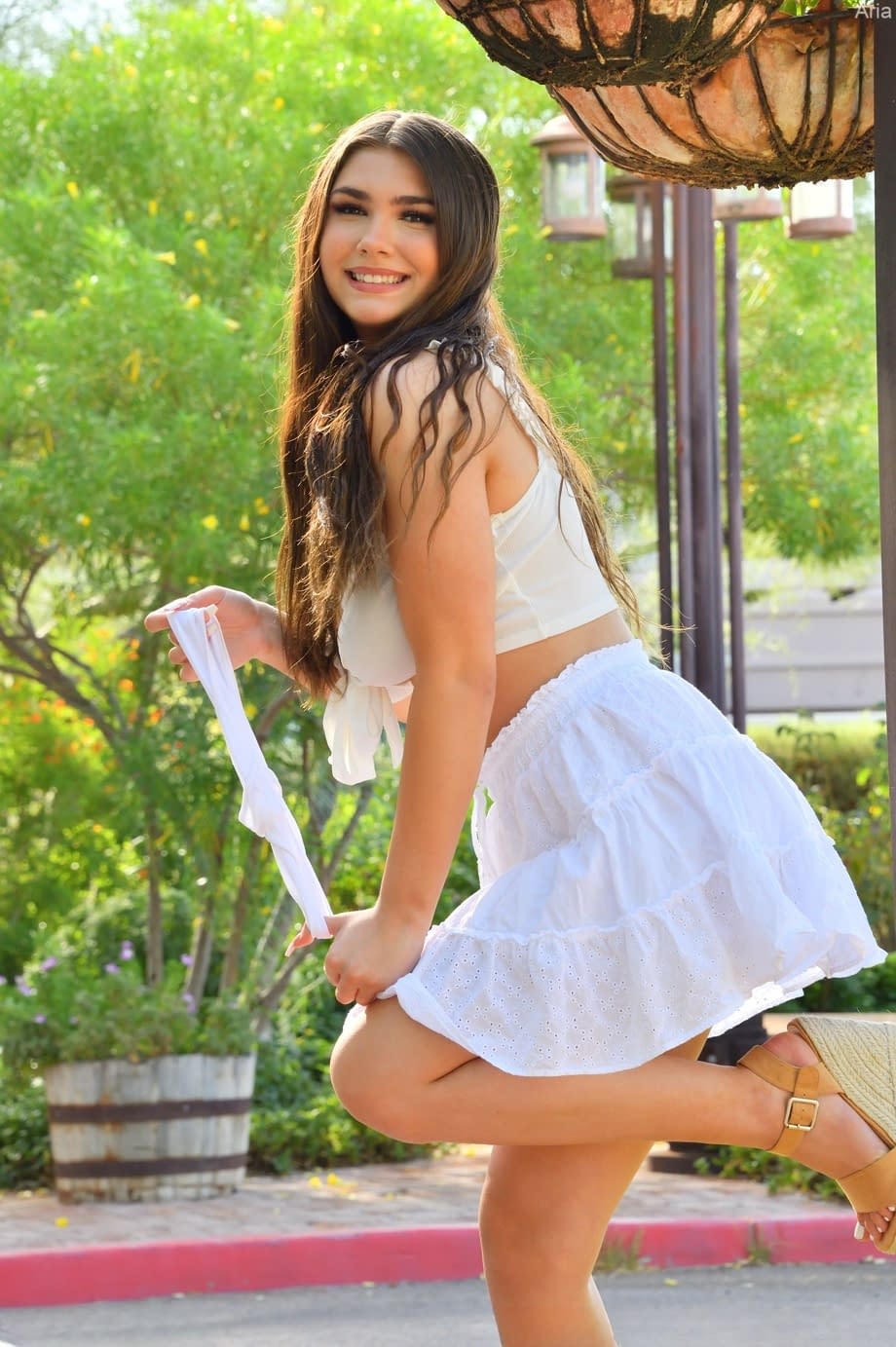 Long-haired glamour babe Aria flashing a pantyless upskirt in public