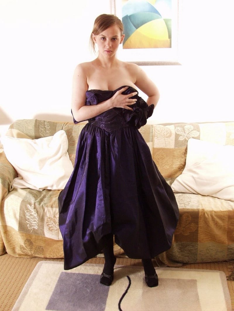 Big titted lady Claire doffs her elegant dress and teases with her perfect ass