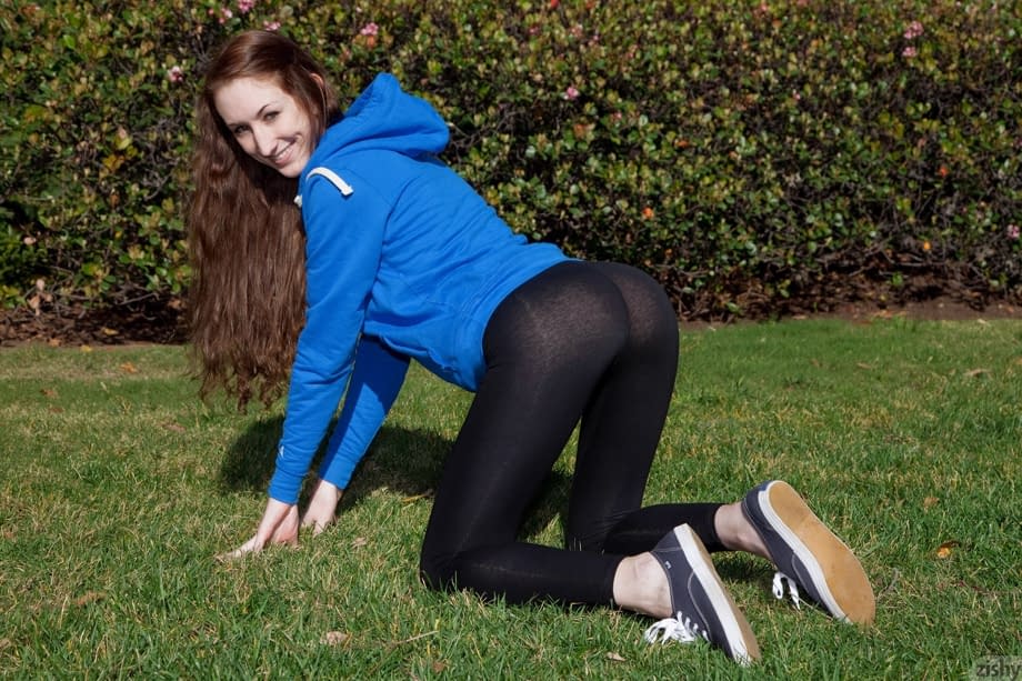 Girlfriend Haley Gladwell strikes sexy poses in sheer black leggings outdoors
