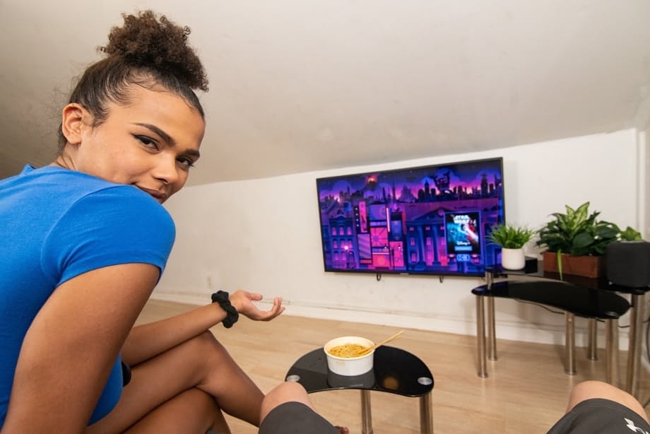 Sexy ebony teen Alina Ali pleasuring her trimmed pussy with her fingers