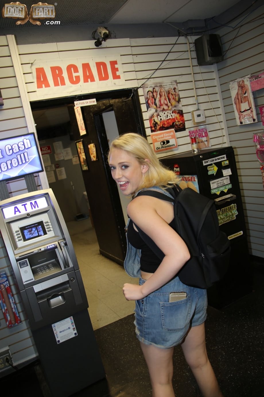 Pretty blonde Kagney Linn Karter hits the gloryhole room for solo masturbation